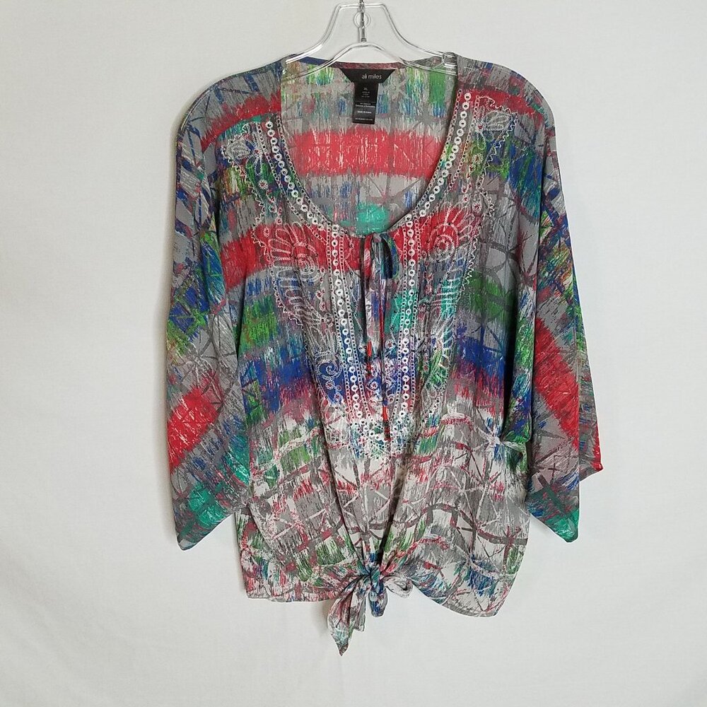 Ali Miles Front Tie Abstract Semi-Sheer Blouse Top Women's Size XL